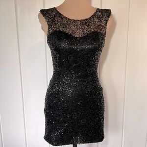 Alyce Paris black lined‎ sequin mini dress see thru neckline cutout back size 2